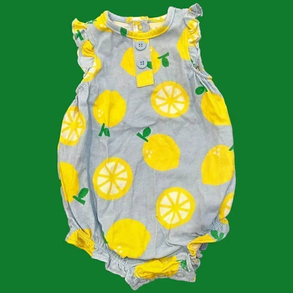 Carter's Baby Girl Romper Size‎ 6 Mo Yellow Lemons Blue Soft Cotton